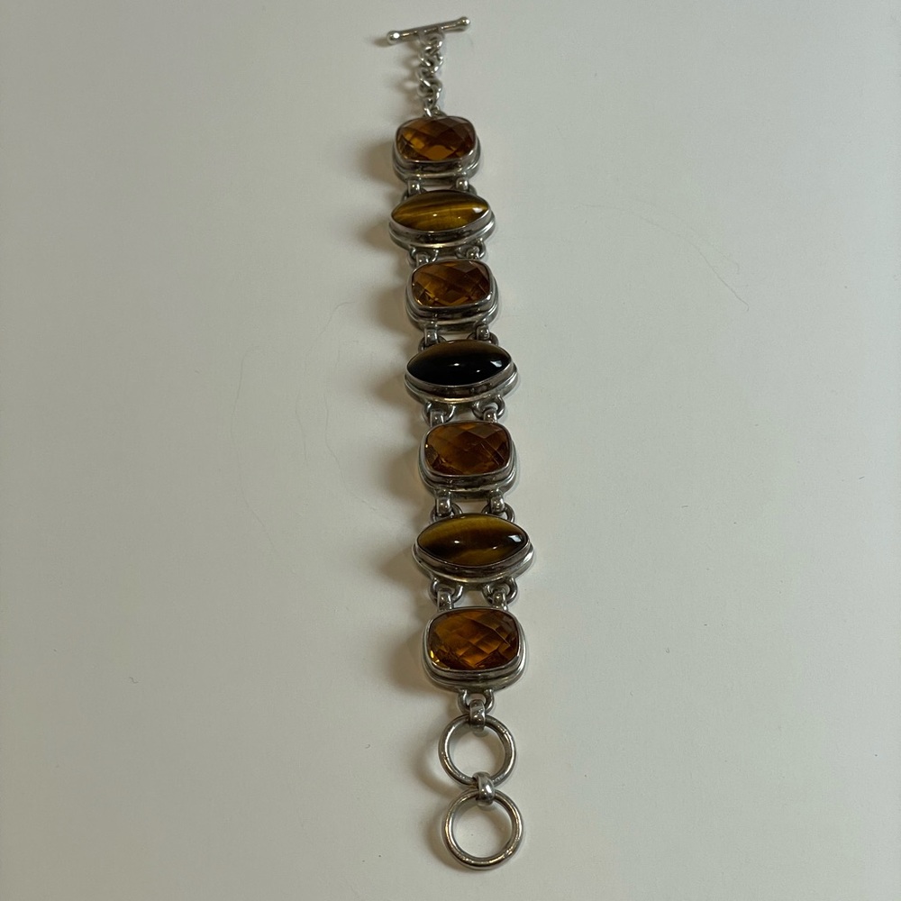 Elegant Sterling Silver and Topaz/Eye of the Tiger Gemstone Bracelet